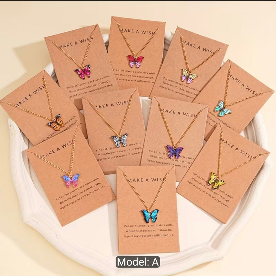 Butterfly Wish Necklace on Inspirational Card – Colorful Butterfly Pendant Necklace Gift for Women & Girls
