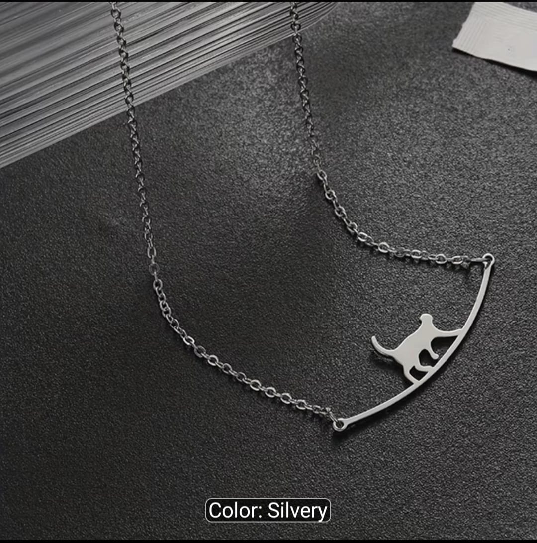 Cat on a Curved Bar Pendant Necklace Minimalist