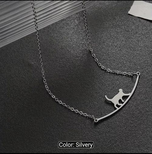 Cat on a Curved Bar Pendant Necklace Minimalist