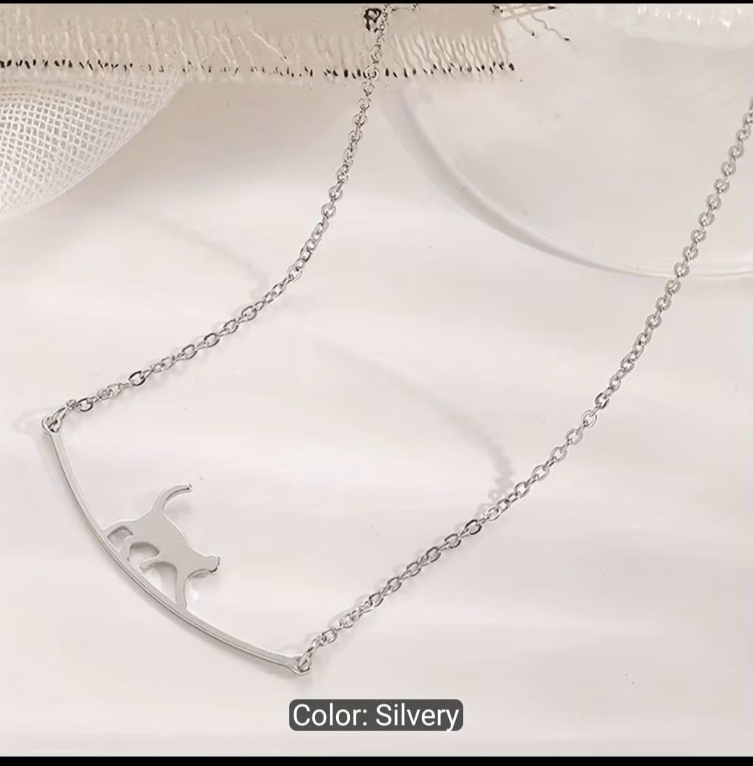 Cat on a Curved Bar Pendant Necklace Minimalist